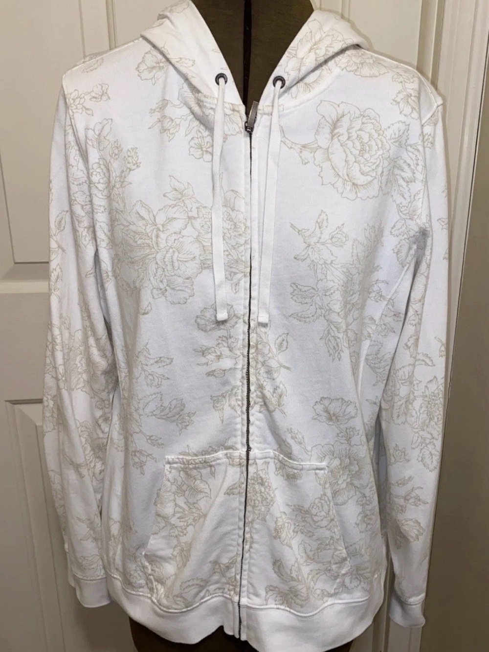 Eddie Bauer Women Large White Gold Floral Print Hoodie Full Zip Jacket